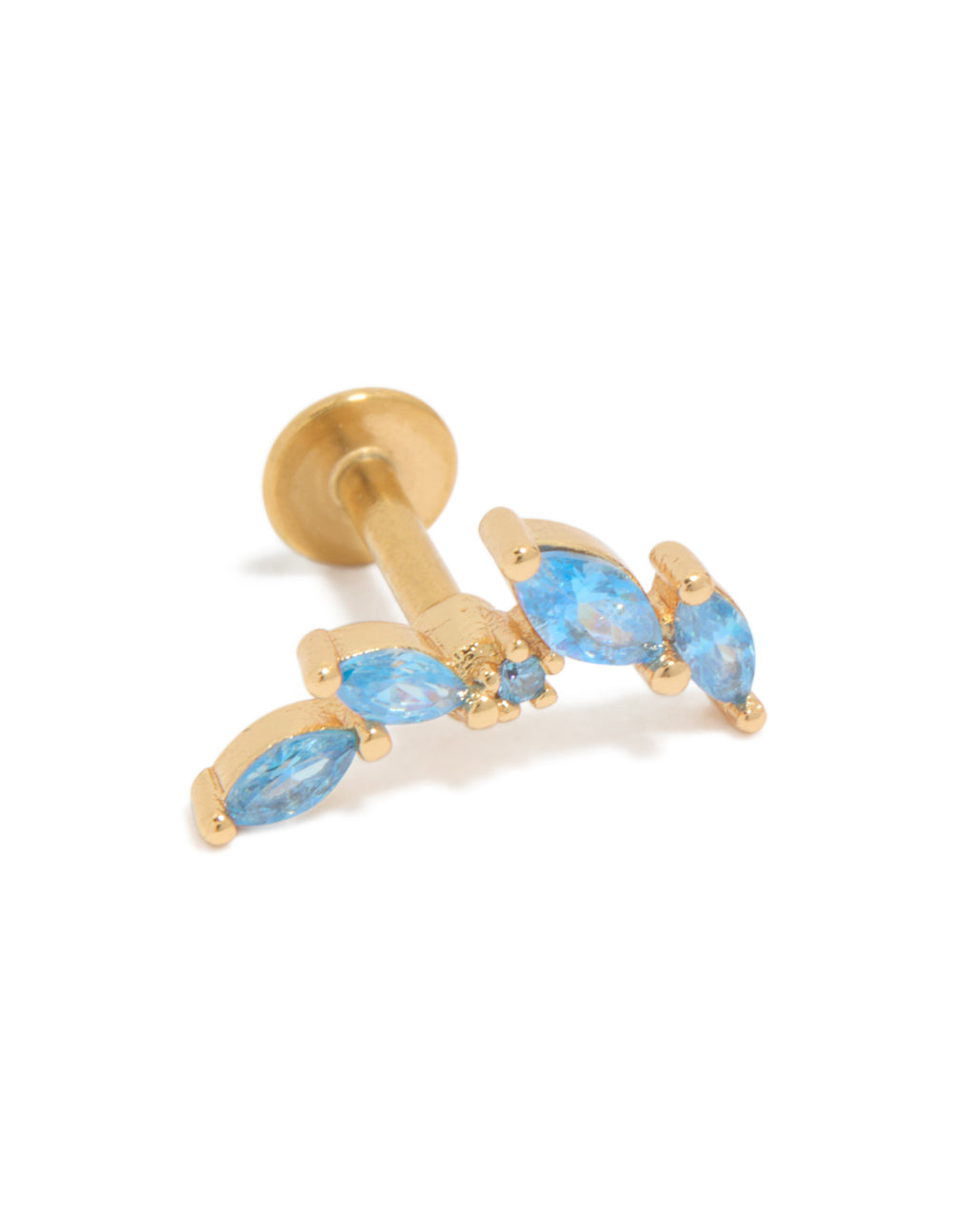 Displaying crawler style studs crafted from gold plated surgical steel with blue cubic zirconia stones and flat back closure close up view