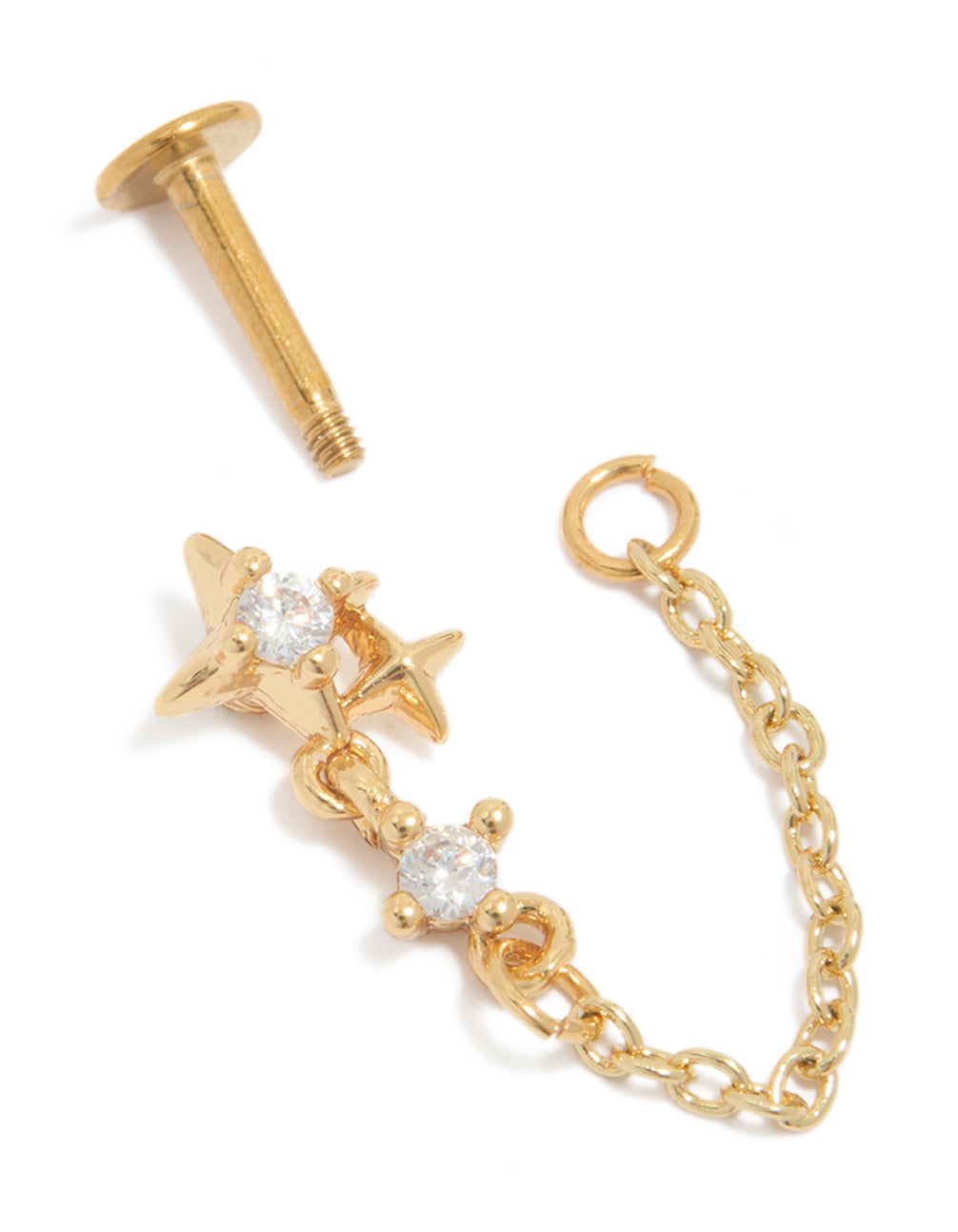 Crafted from gold plated surgical steel with cubic zirconia star chain, dainty celestial flat back stud earrings in statement style post detail view