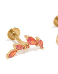 Showcasing crawler statement earrings with red cubic zirconia stones in gold plated surgical steel and flat back stud closure close up view - link has visual effect only