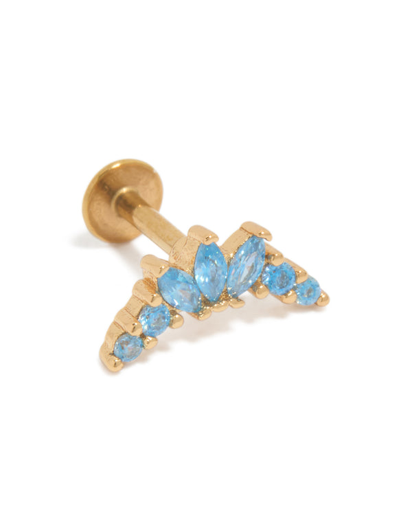 Crafted from surgical steel with gold plating, this single stud earring features marquise-cut sky blue cubic zirconia crystals and a flat back closure front view