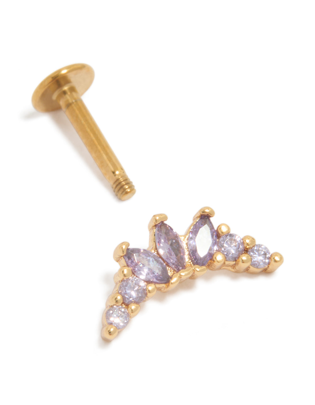 Highlighting gold plated surgical steel purple cubic zirconia marquise set single stud earrings with flat back closure and dainty design post detail view