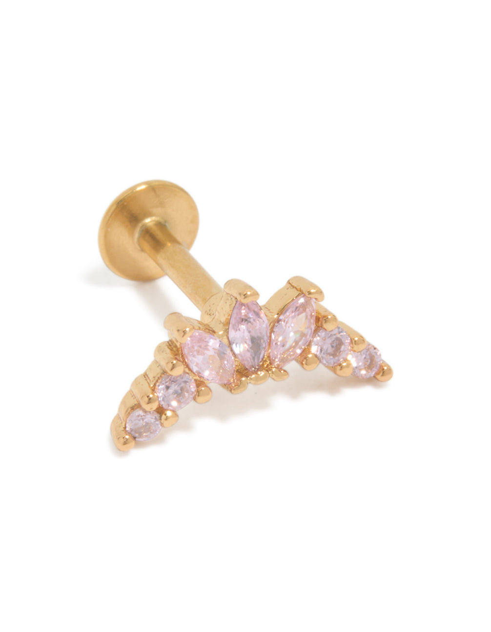 Crafted from gold plated surgical steel, this chunky flat back stud features light pink cubic zirconia front view