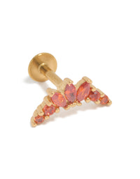 Elegant gold plated surgical steel red cubic zirconia marquise flat back single stud earring front view - link has visual effect only