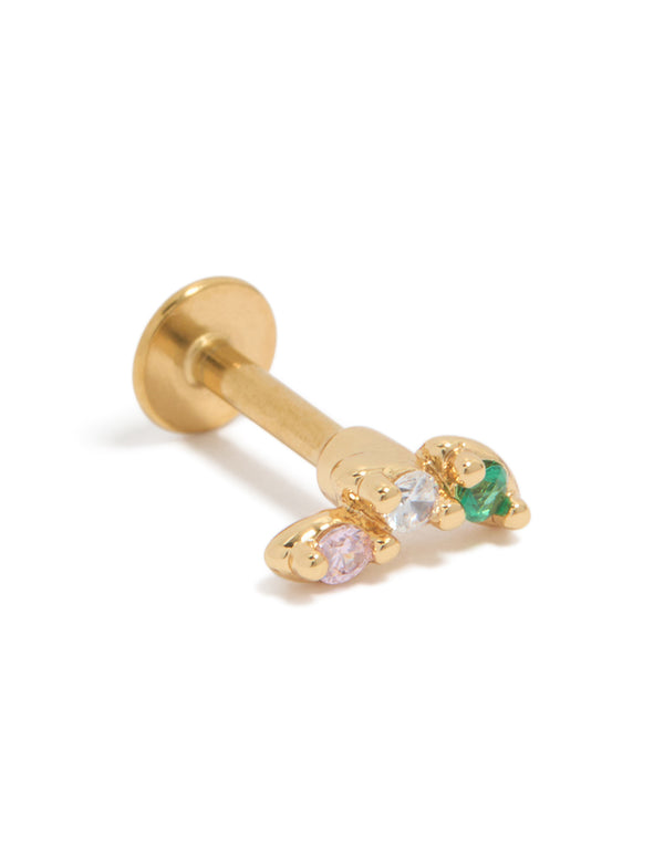 Showcasing a crawler style featuring cubic zirconia in pink, clear and teal, crafted from gold plated surgical steel with flat back stud closure front view