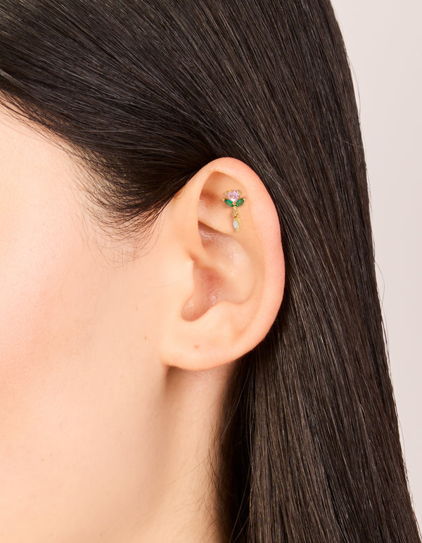 Gold Plated Surgical Steel Pink Cubic Zirconia Rose Drop Single Flat Back Stud