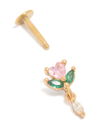 Featuring a dainty rose drop stud in gold plated surgical steel with pink cubic zirconia, Marquise stone cut, and flat back closure post detail view - link has visual effect only