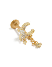 Showcasing celestial charm featuring moon and star with cubic zirconia in surgical steel gold plated flat back stud closure front view - link has visual effect only