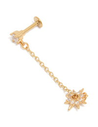 Showcasing celestial star earrings with cubic zirconia in gold plated surgical steel featuring flat back stud closure and drop chain front view - link has visual effect only