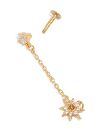 Highlighting gold plated surgical steel cubic zirconia drop star chain single flat back stud earrings post detail view - link has visual effect only