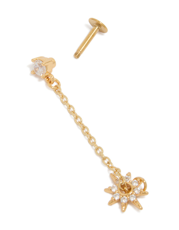 Highlighting gold plated surgical steel cubic zirconia drop star chain single flat back stud earrings post detail view