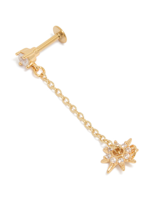 Showcasing celestial star earrings with cubic zirconia in gold plated surgical steel featuring flat back stud closure and drop chain front view