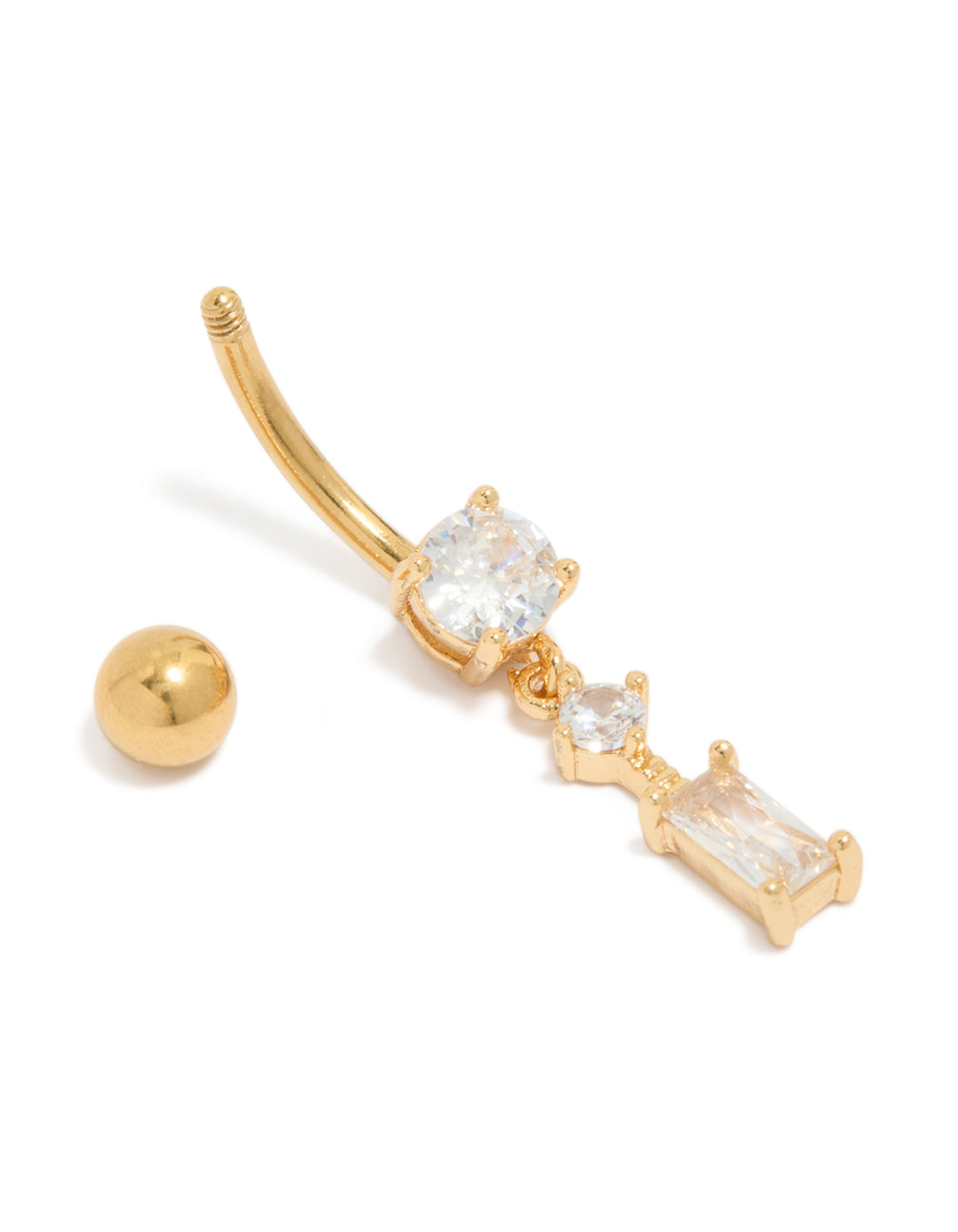 Showcasing belly bar with charm in cubic zirconia surgical steel gold plated detail view