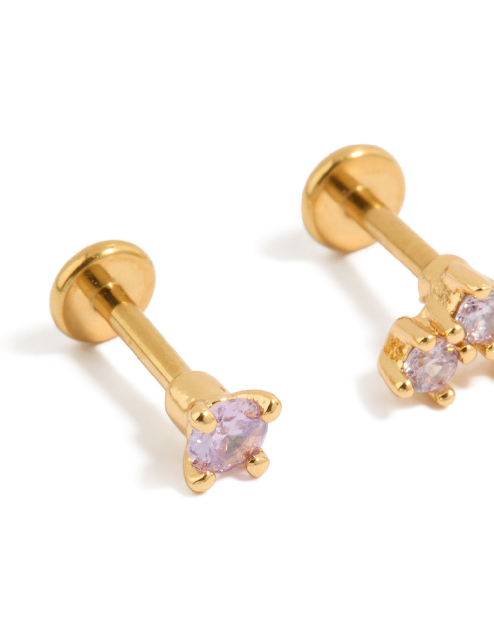 Crafted from gold plated titanium purple cubic zirconia flat back studs featuring crystal accents close up view