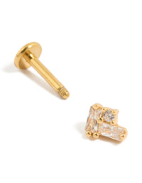Crafted from titanium with gold plated cubic zirconia rectangle cluster flat back stud closure post detail view - link has visual effect only