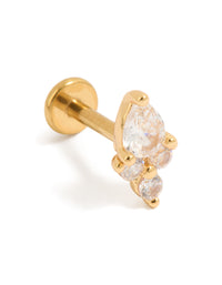 Showcasing a statement pear cut cubic zirconia cluster single flat back stud in gold plated titanium front view - link has visual effect only