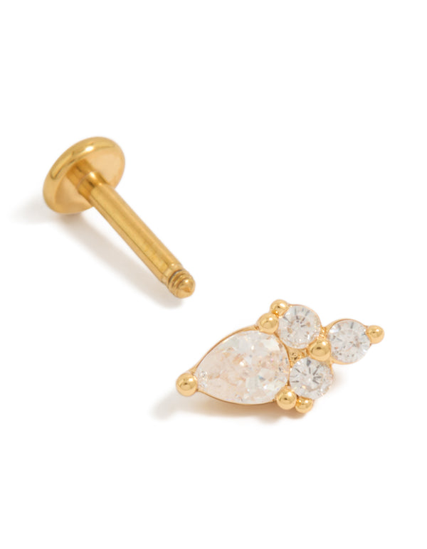 Crafted from gold plated titanium with statement pear cut cubic zirconia cluster single flat back stud post detail view