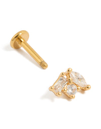 Gold plated titanium cubic zirconia multi shaped single flat back stud with threaded post detail view - link has visual effect only