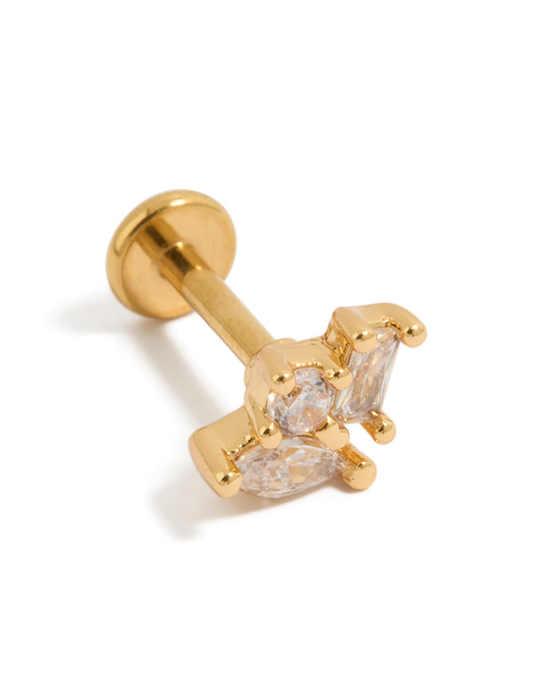 Crafted from titanium with cubic zirconia stones in multi shaped cluster design, this gold plated flat back stud features a polished finish front view