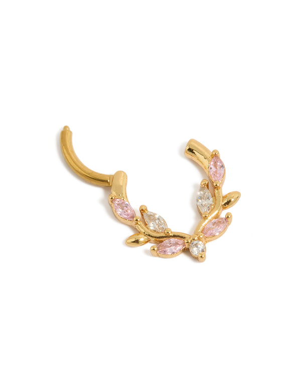 Showcasing gold plated titanium pink cubic zirconia vine clicker ring with statement detail view