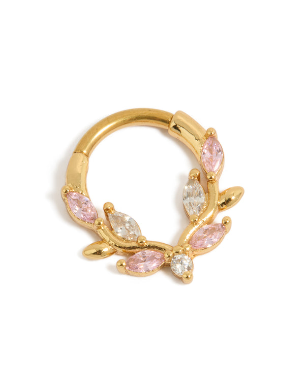 Showcasing gold plated titanium pink cubic zirconia vine clicker ring with statement detail view