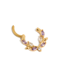 Crafted from gold plated titanium, this purple cubic zirconia vine clicker ring detail view - link has visual effect only