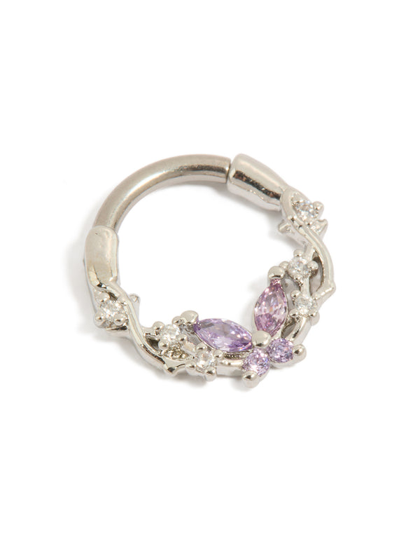 Showcasing a titanium lilac cubic zirconia butterfly clicker ring with silver and clear accents front view