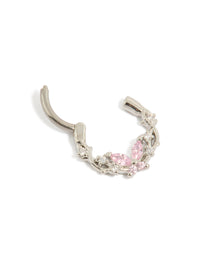 Showcasing a titanium pink cubic zirconia butterfly clicker ring with silver and light pink accents detail view - link has visual effect only