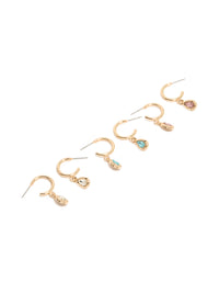 Showcasing a set of gold blue and pink diamante huggie earrings in a 3-pack with huggie closure front view - link has visual effect only