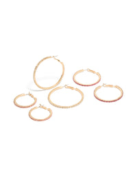 Gold Clear & Pink Diamante Mixed Size Hoop Earrings 3-Pack - link has visual effect only