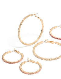 Gold Clear & Pink Diamante Mixed Size Hoop Earrings 3-Pack - link has visual effect only