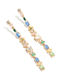 Stunning statement long drop earrings in gold featuring blue, green, and clear diamantes with oval stone cut front view - link has visual effect only