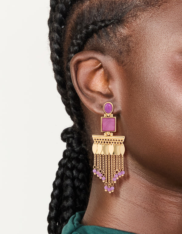 Gold Purple Beaded Chain Drop Earrings