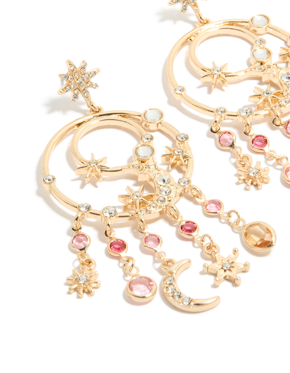 Featuring gold pink and clear diamantes celestial circle drop earrings with statement style, featuring charm and star details in stud closure close up view