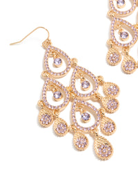 Crafted from gold featuring purple diamante open drop earrings with charm details in a statement style close up view - link has visual effect only