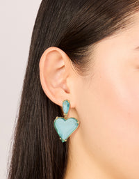 Gold Blue Glass Stone Heart Drop Earrings - link has visual effect only