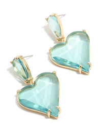 Showcasing statement heart drop earrings crafted from glass stone in blue and gold tones front view - link has visual effect only
