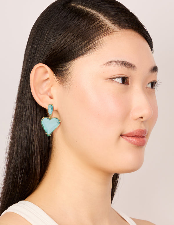 Gold Blue Glass Stone Heart Drop Earrings