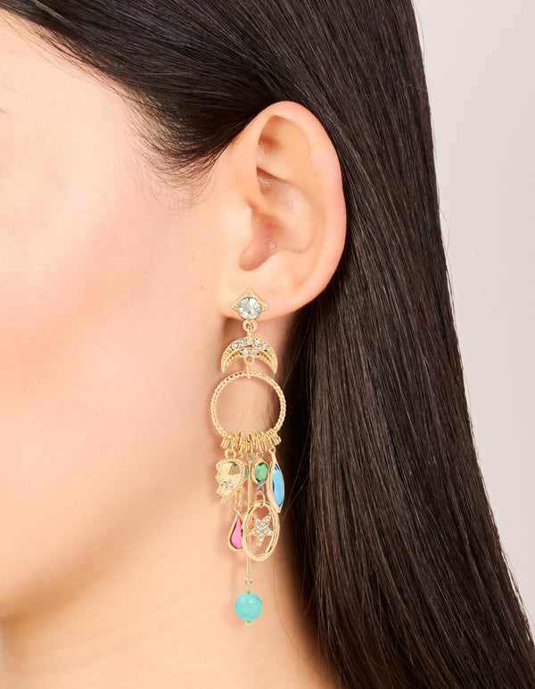 Gold Moon & Circle Charm Drop Earrings