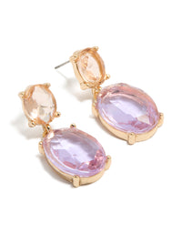 Presenting statement double drop earrings in gold featuring purple and orange diamantes front view - link has visual effect only