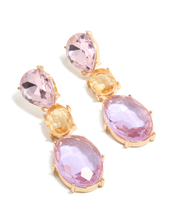 Discover statement drop earrings with purple and orange oval cut diamantes in gold front view