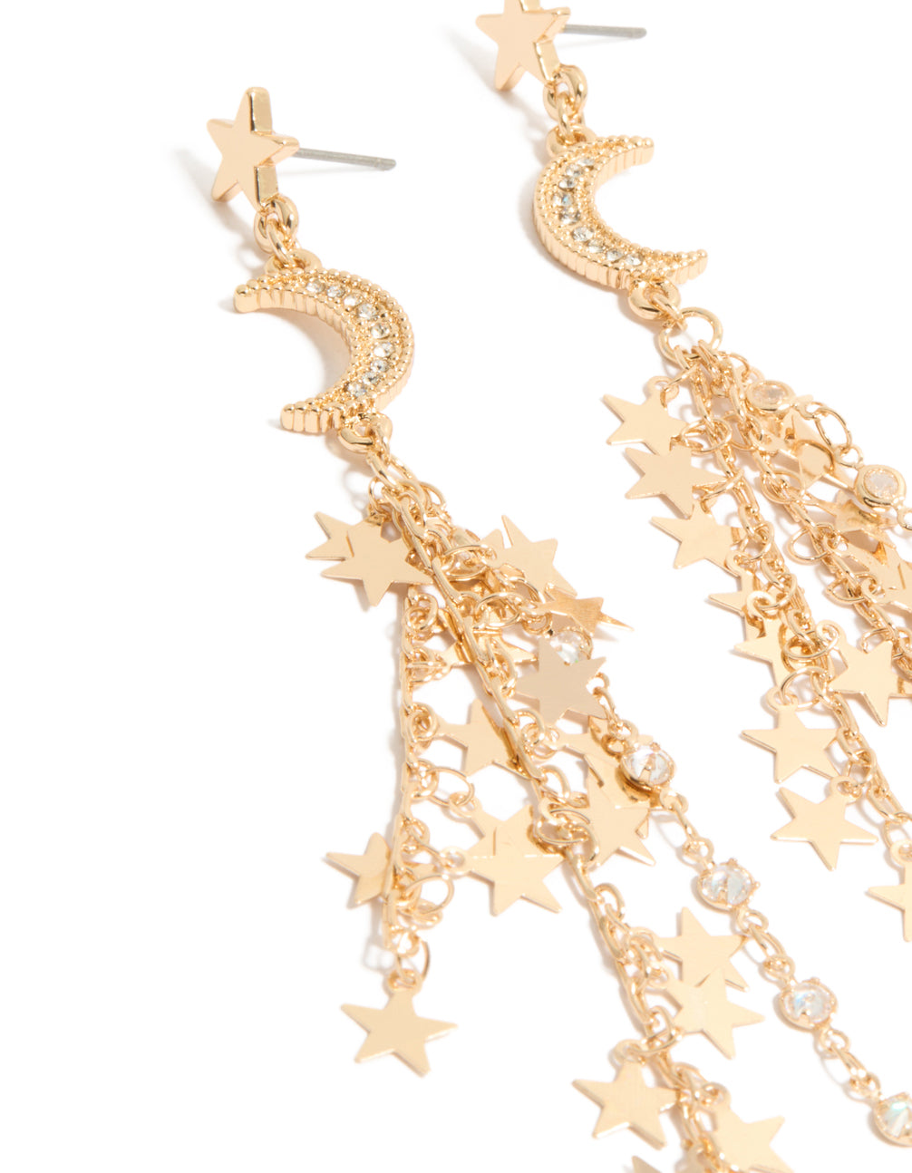 Detailed look at gold star and moon chain drop earrings featuring celestial charm elements close up view