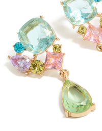 Featuring statement drop earrings in gold featuring cluster diamante stones with blue, green, and pink tones close up view - link has visual effect only