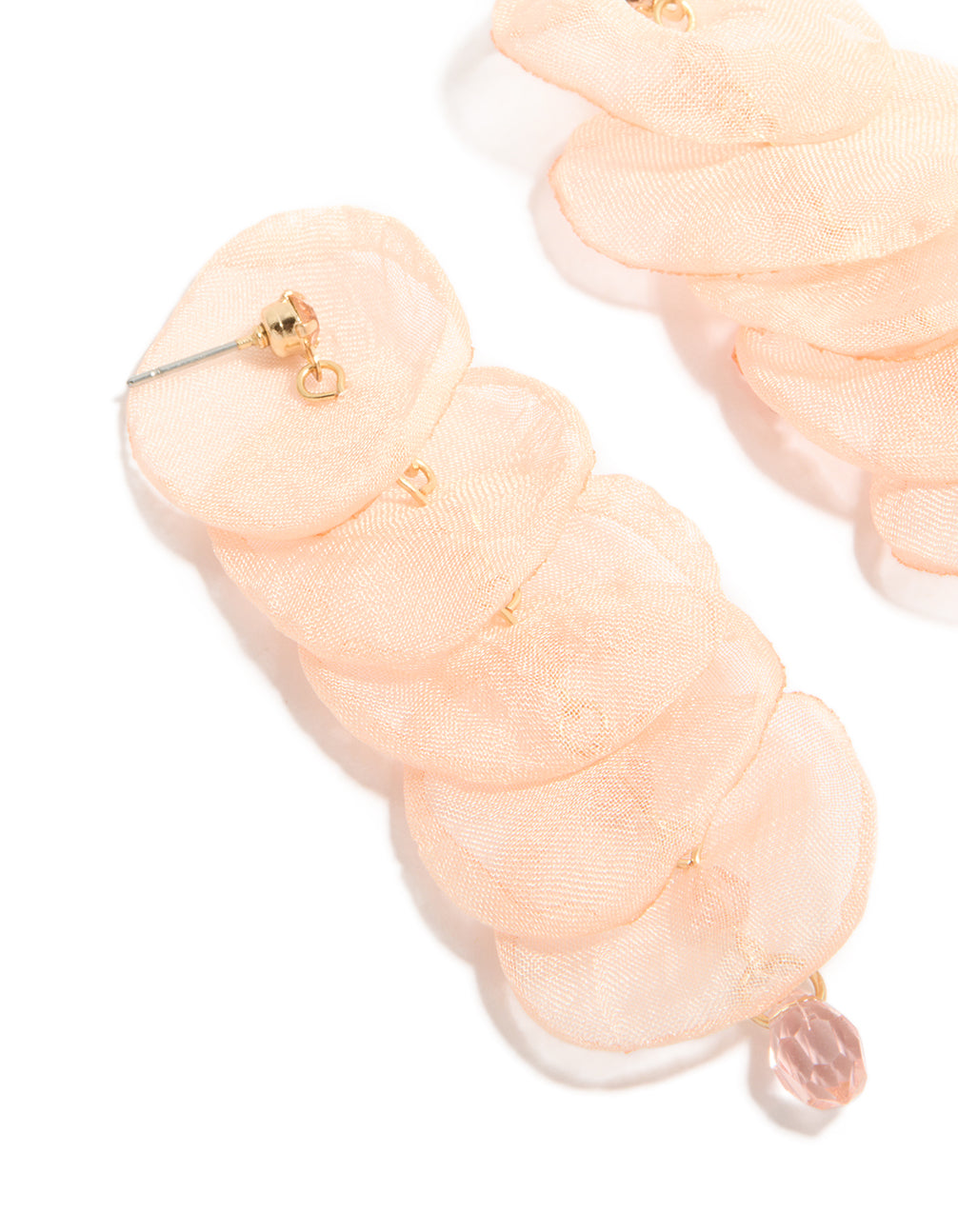 Featuring pink fabric with round layered design, these statement drop earrings showcase beads in close up view