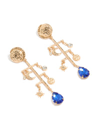 Featuring worn gold sun and moon marble drop earrings with celestial charm accents in statement style front view - link has visual effect only