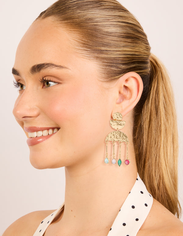 Designed with worn gold pink and green diamantes drop earrings in charm statement style on model view