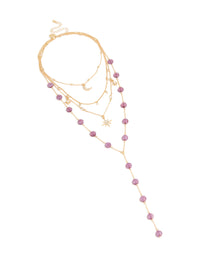 Elegantly designed gold flat purple beaded celestial layered y-necklace featuring charms, star and moon pendants front view - link has visual effect only