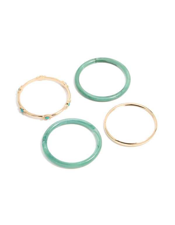 Explore this gold and blue acrylic bangles 4-pack featuring beads in turquoise and aqua front view