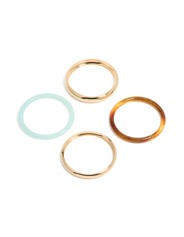Featuring gold and multicoloured acrylic bangles in a 4-pack with paleturquoise and brown accents front view