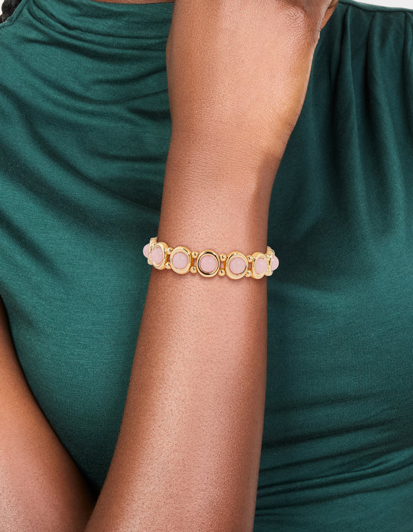 Gold Pink Beaded  Organic Shaped Stretch Bracelet