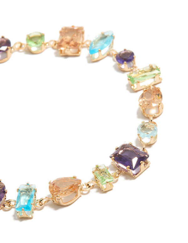 Gold Irregular Shaped Multicoloured Diamantes Bracelet